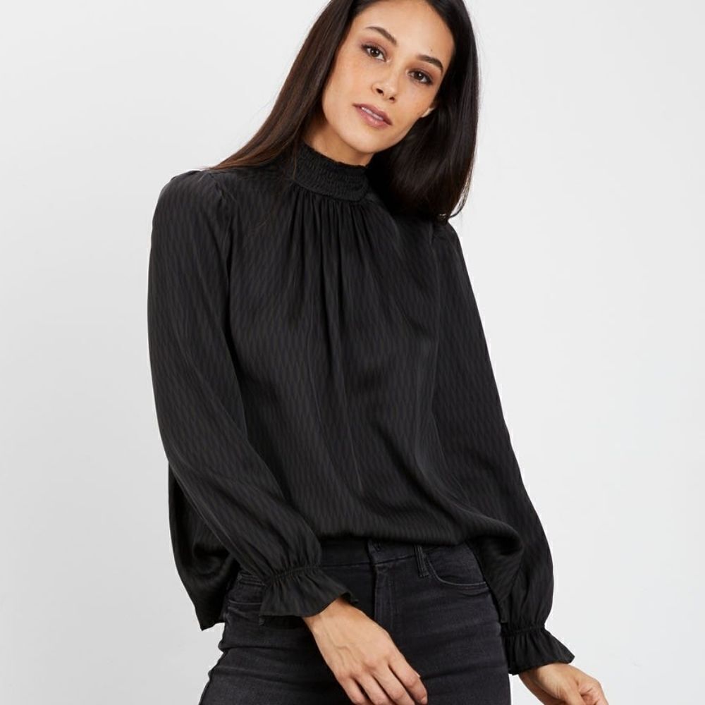 Tucker Stella Top in Charmeuse Kaleidoscope Black Silk Blouse Smocked Mo…